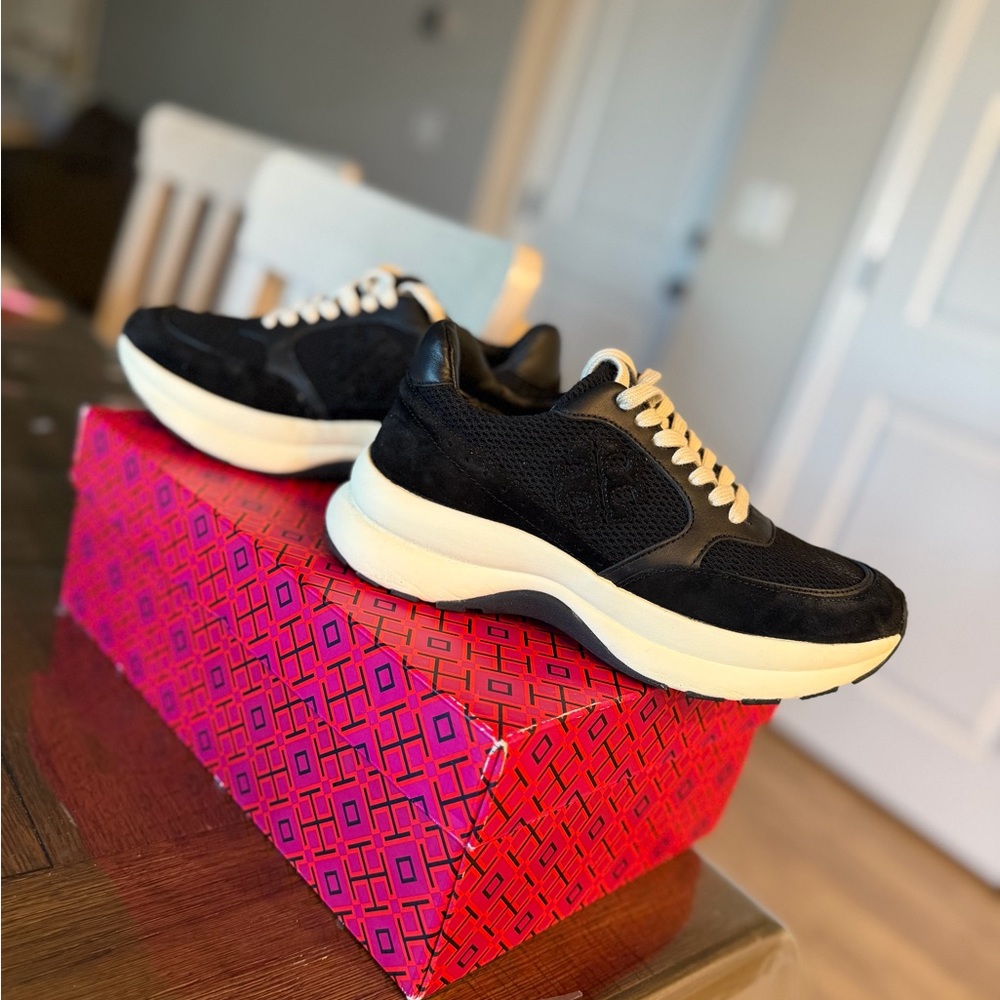 Tory Burch Black Suede Platform Sneakers with Cream Soles